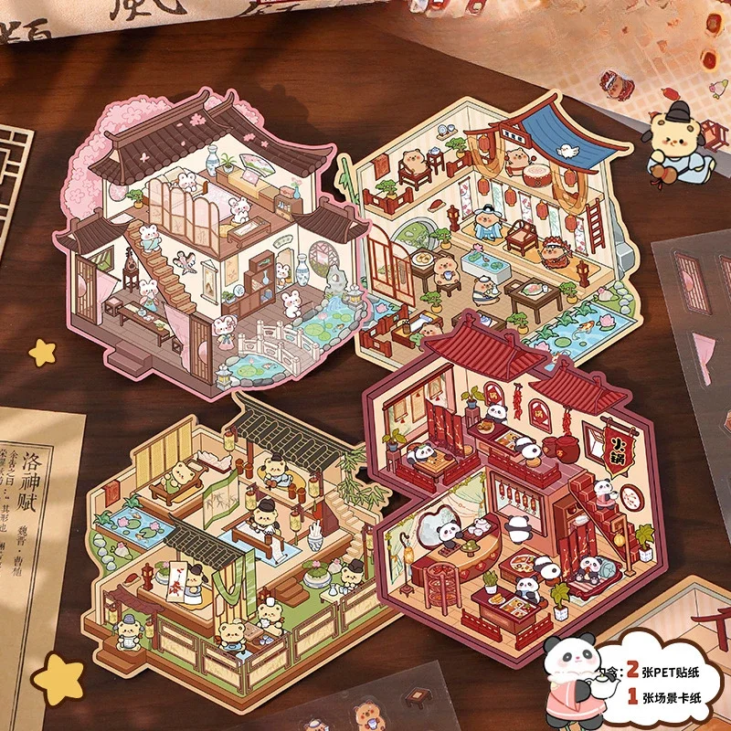 Miniature scene Cartoon Chinatown Cabin Scene Stickers Stacking Pasting Festival Birthday Gift for Kid Child Student