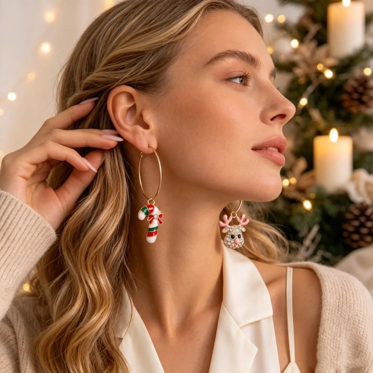 3 Paar/Set Weihnachts-Strass-Ohrringe mit Hirsch, Zuckerstange, Geschenkbox, für Damen, niedliche Weihnachtsmann- und Weihnachtsbaum-Ohrringe, Schmuck – Detail 12