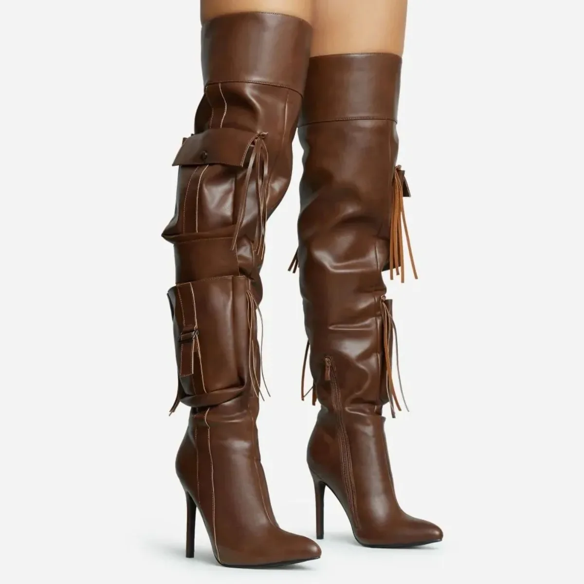 Sandalias de mujer, Zapatos de tacón de mujer, Zapatillas de hombre Chunta 6.0, Botas altas de tacón de aguja con bolsillos cargo, borlas y cremallera, estilo punk, para uso diario y club