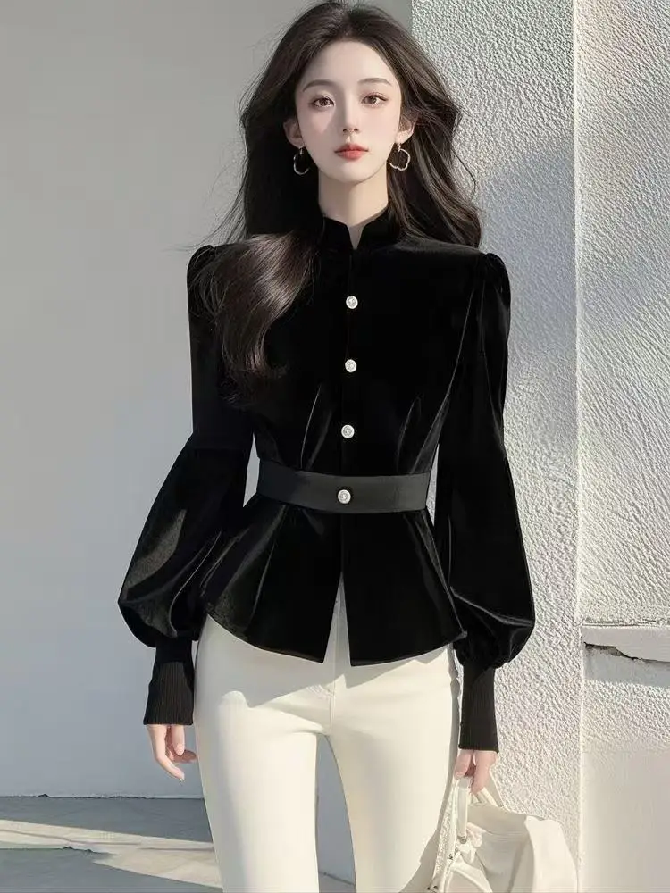 

10 Colors 2025 New Korean Black Velvet Top Women's Spring Niche Sense Chic Elegant Casual Waist Shirt Solid Blouse Ladies Tops