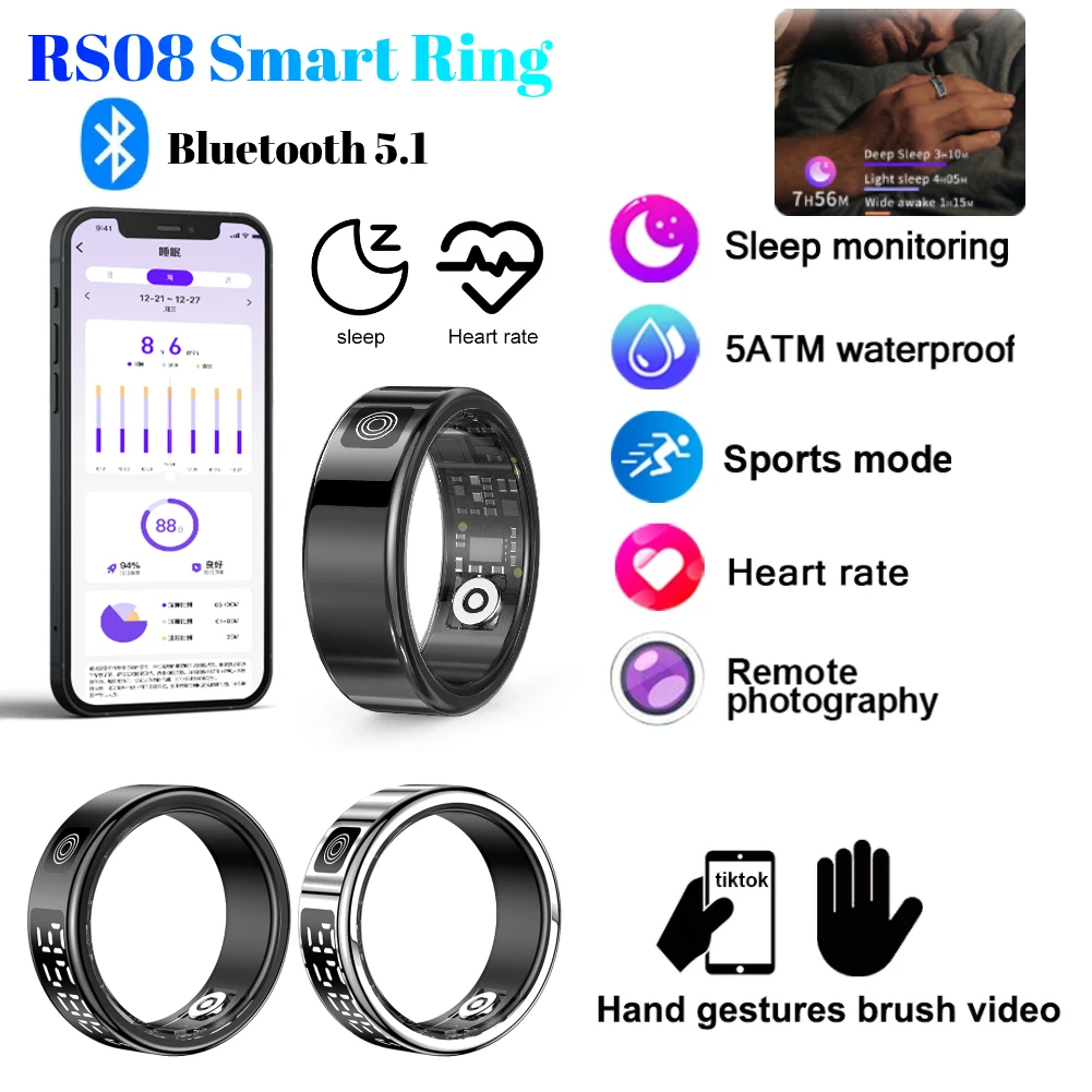 

RS08 Smart Ring for Men Women Heart Rate Blood Oxygen Monitor 5ATM Waterproof Multi Sport Modes Smart Ring for IOS/Android