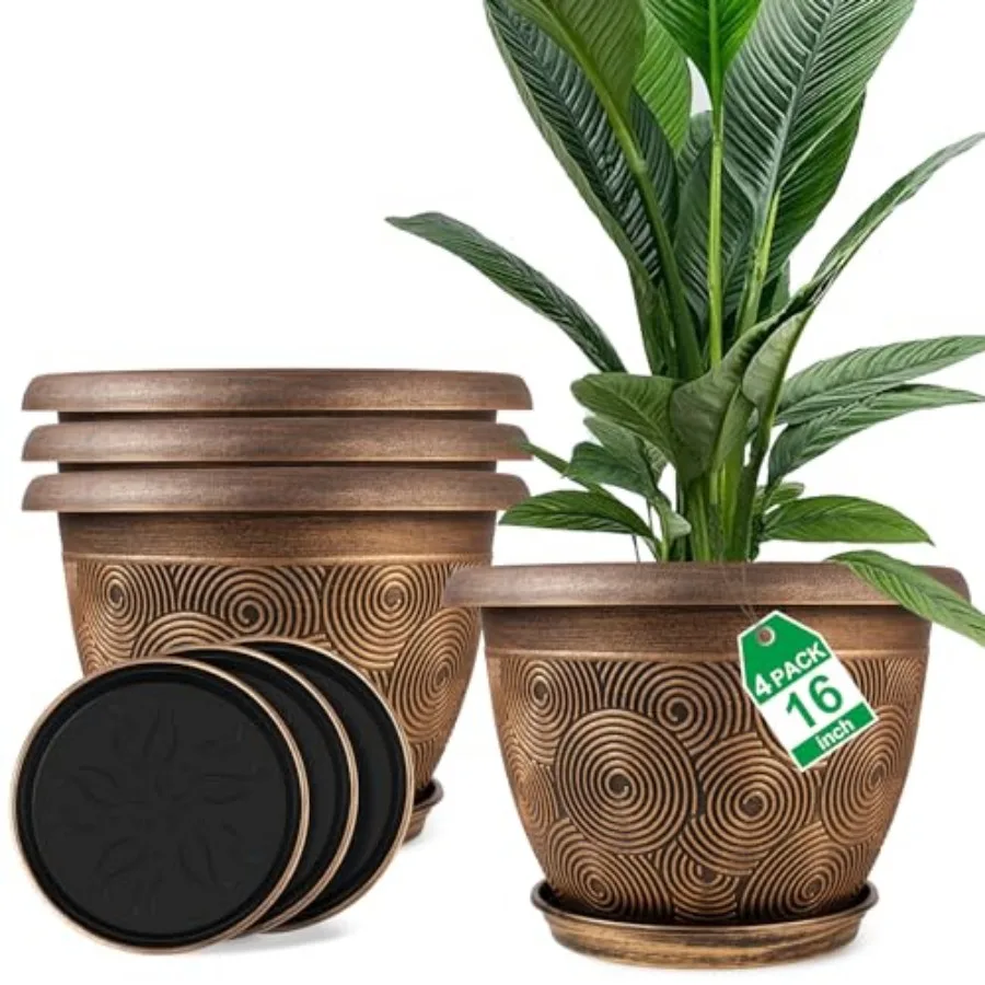 

Набор из 4 больших пластиковых горшков для растений (16 дюймов) для дома и улицы, с дренажным отверстием и поддоном, современные декоративные кашпо