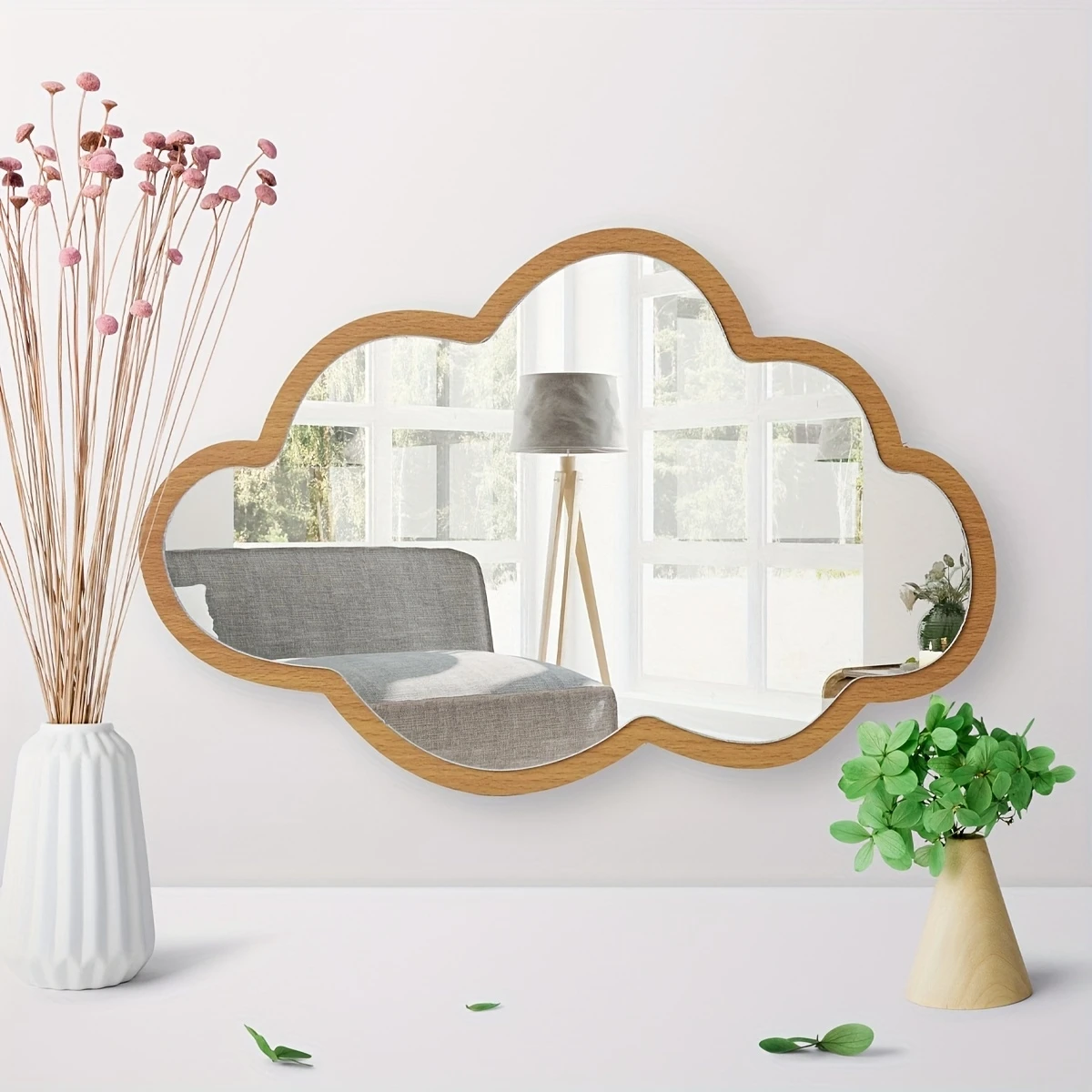 14 Zoll süßer Wolken-Design-Acryl-Holz-Doppelschicht-Dekor-Spiegel für Kinderzimmer, Schlafzimmer, Wandspiegel, Make-up-Spiegel, Mädchen-Geschenke