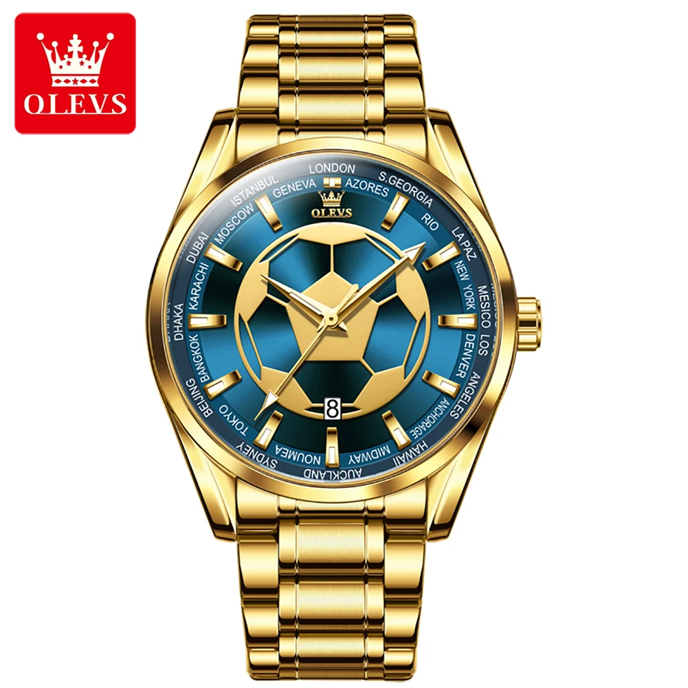 OLEVS Men\'s Watches Top Brand Quartz Watch for Men Waterproof Stainless Steel Wristwatch All Gold Blue Soccer Dial