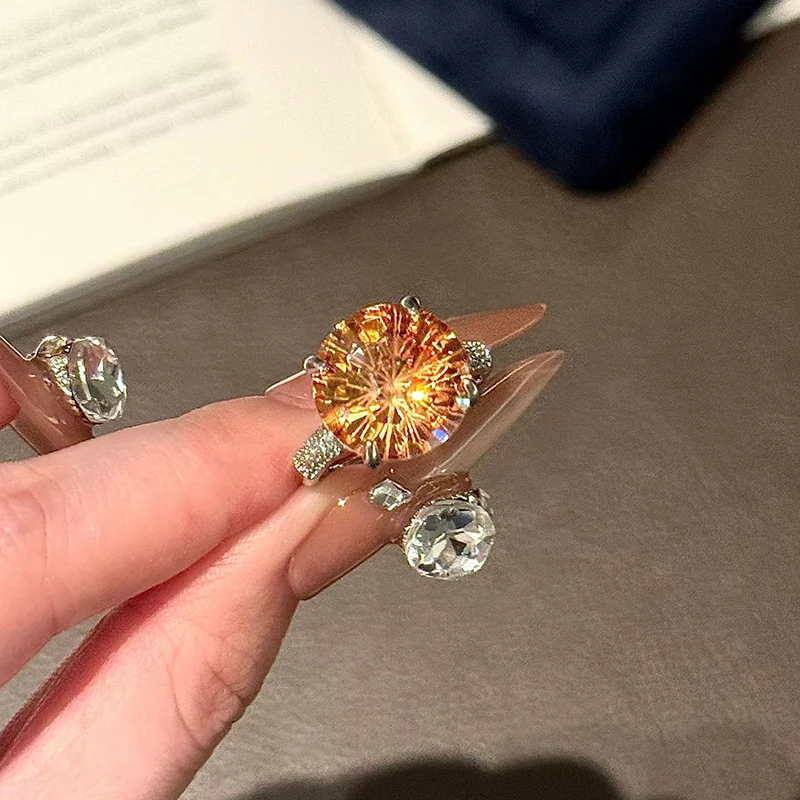 Popular Cut Crystal Green Ring Super Sparkling 10 Carat Champagne Color Zircon Rings For Women Fashion Jewelry KOFSAC