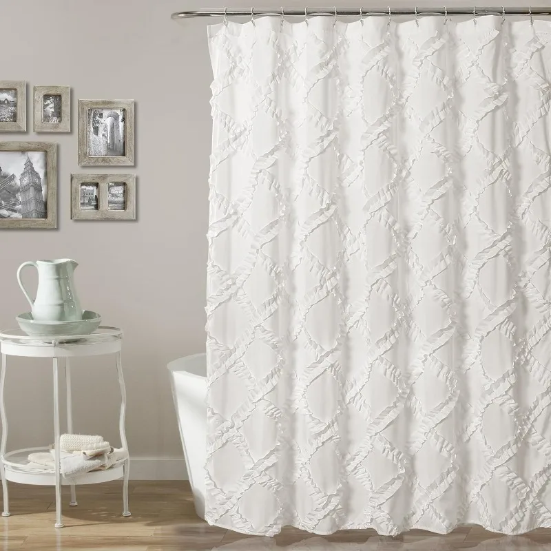 Ruffle Diamond Shower Curtain | Textured Vintage Chic Farmhouse Style Design, 72” x 72”