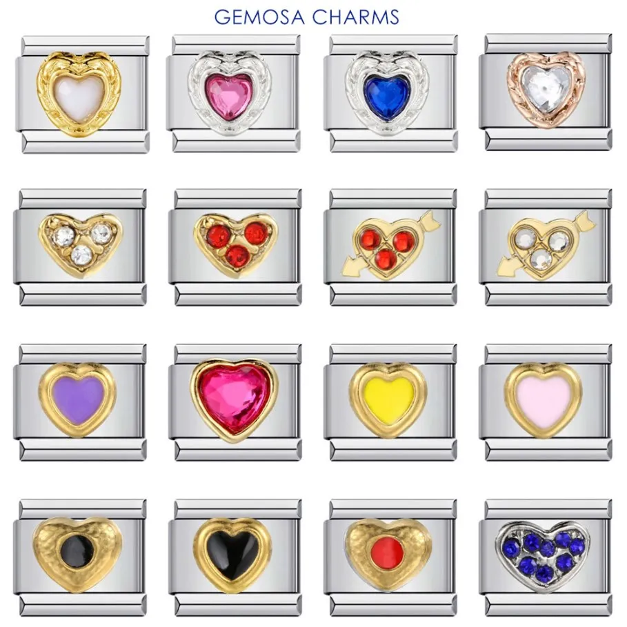 GEMOSA Colorful Rainbow Zirconia Cute Y2k Heart Italian Charm Links Fit 9mm Stainless Steel Bracelet Jewelry DIY Making Jewellry