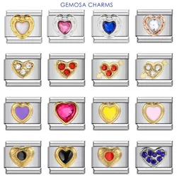 GEMOSA Colorful Rainbow Zirconia Cute Y2k Heart Italian Charm Links Fit 9mm Stainless Steel Bracelet Jewelry DIY Making Jewellry