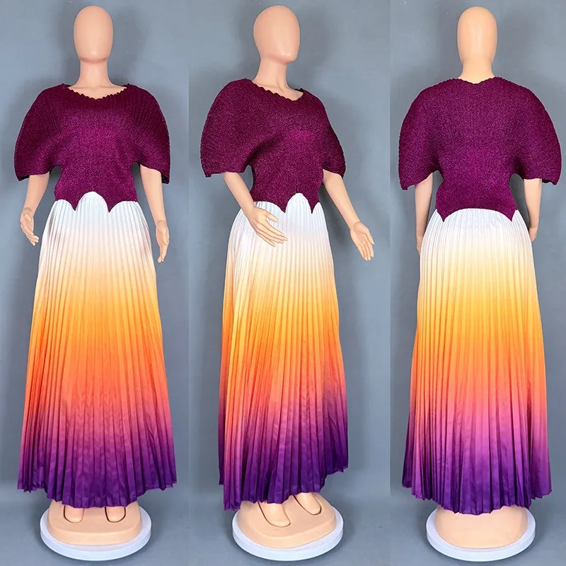 النساء حجم كبير التدرج اللون التنانير الطويلة وبلوزات مطوي 2 قطعة الزي الفاخرة دبي حفلة موسيقية 2025 عادية لمجموعات الموضة النسائية #2