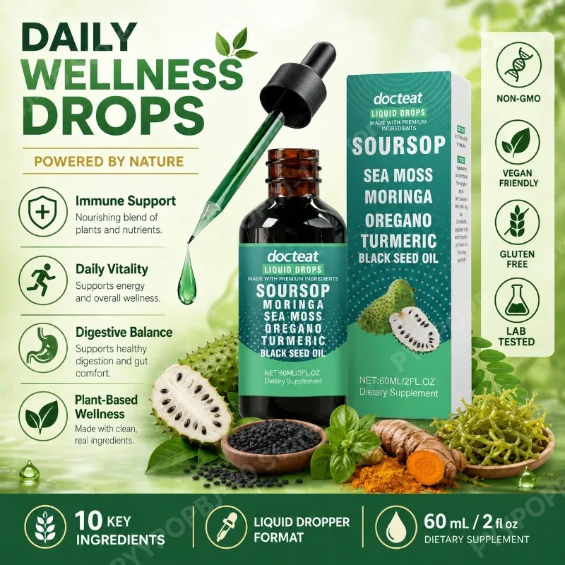 

Liquid Drops with Soursop Sea Moss Moringa Turmeric Black Seed Oil Antioxidant Daily Wellness Support 60ml