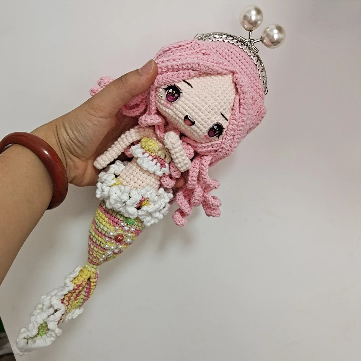 DIY Handmade Wool Crochet Cartoon Mermaid Cross Body 8.5 Mouth Gold Creative Finished Bag or Doll