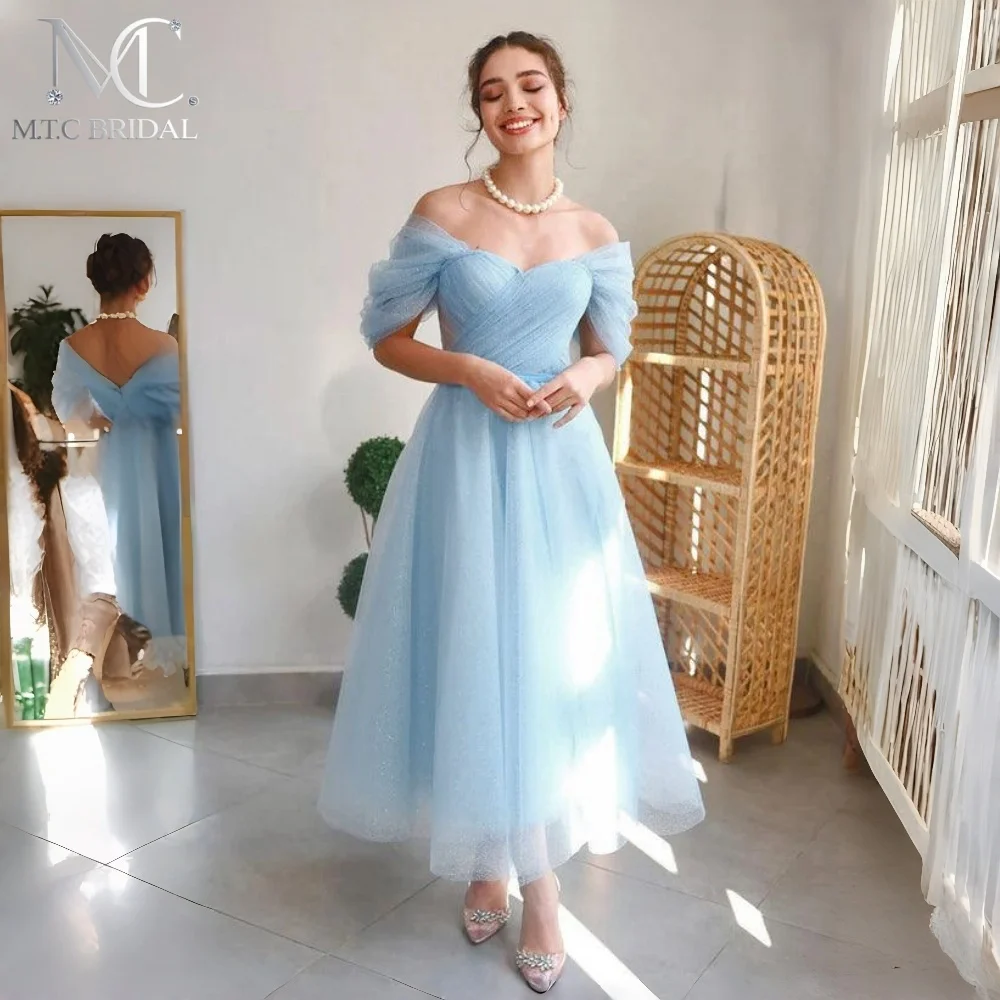 Vestidos de Fiesta Cortos de Tul Azul Celeste Brillante con Hombros Descubiertos, Corte A, 2026, Venta al por Mayor, Vestidos Formales para Fiesta de Cumpleaños para Mujer, Hechos a Medida