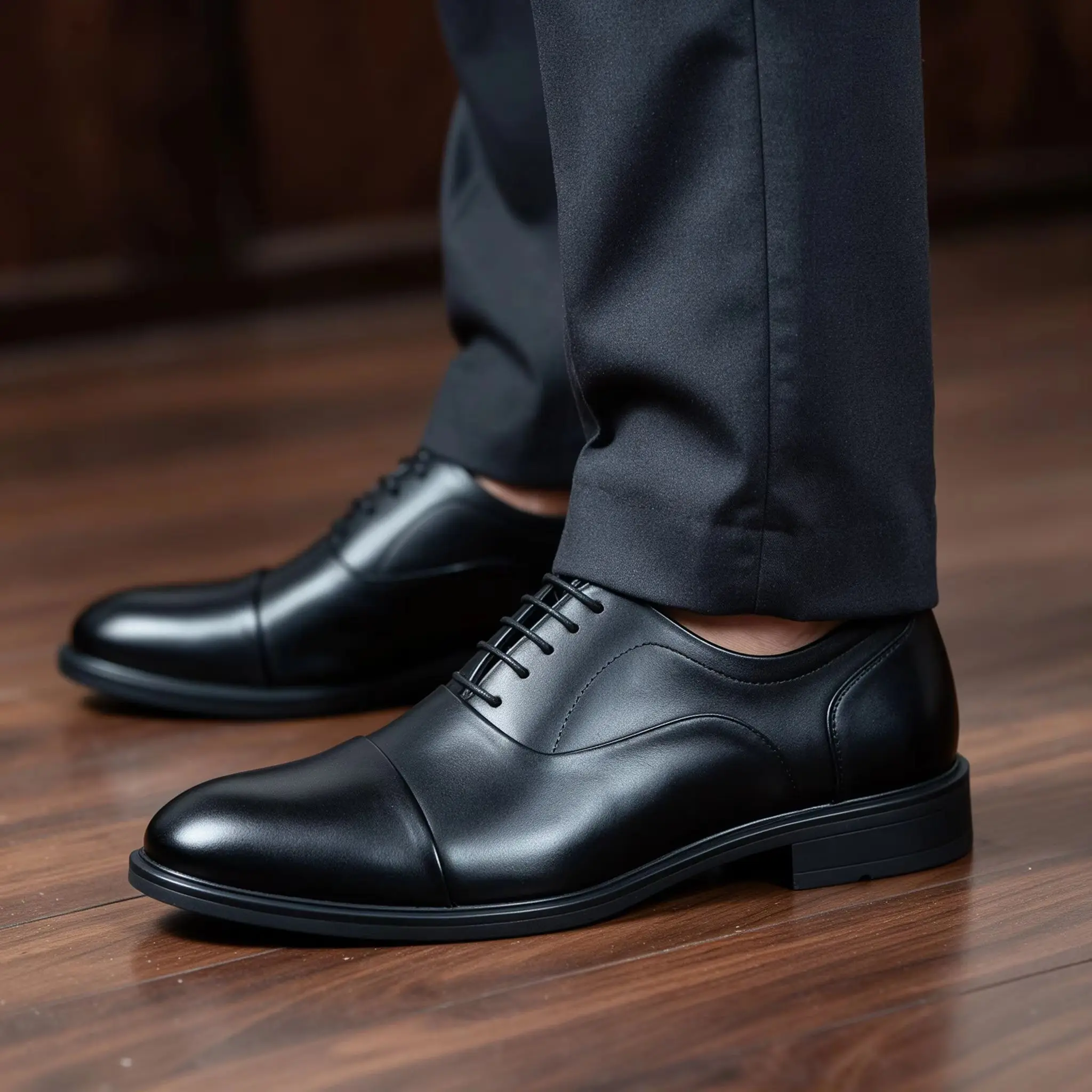 Desai Men Black Cap Toe Oxford Shoes, Lace Up Formal Dress Shoes, Comfortable Leather Business Footwear for Wedding Office Work