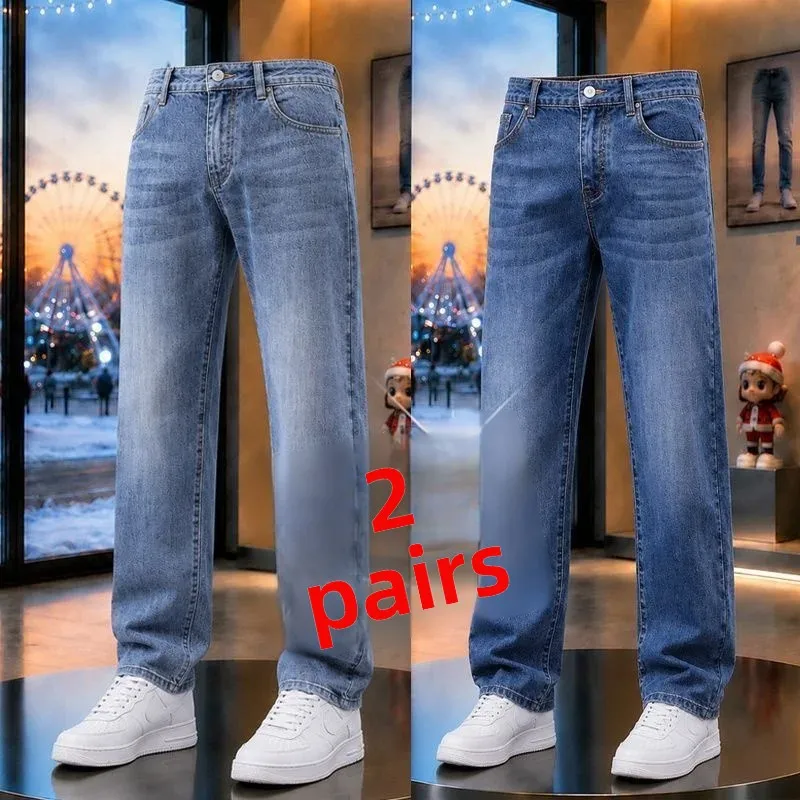 Elastic Casual Men's Jeans Loose Straight Leg High Wear-Resistant Long Trousers Vintage Washed Cotton Stretch Denim