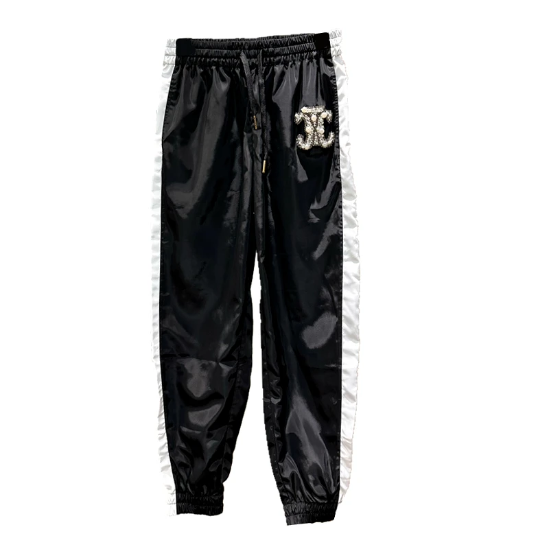 Luxury Trendy Brand Diamonds Beads Casual Super Thin Summer Trousers Men/woman Side Colorblock Elastic Waist Black Harem Pants