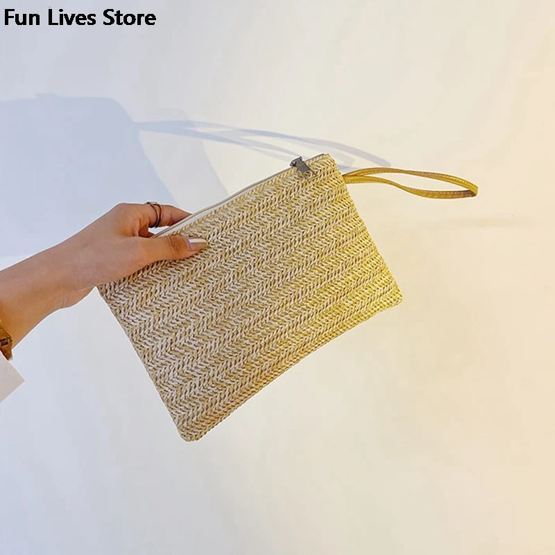 Straw Beach Bag Vintage Handmade Woven Shoulder Bag Raffia Square Rattan Purse Bohemian Summer Vacation Casual Bags Large Wallet