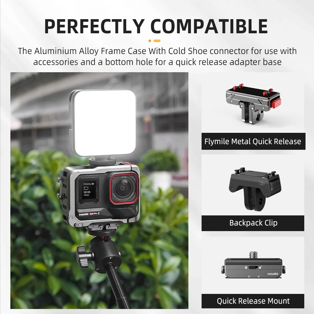 Flymile Adapter Frame Metal Case for Insta360 Ace Pro 2 Camera Aluminium Alloy Cage Mount Cold Shoe Full Protective