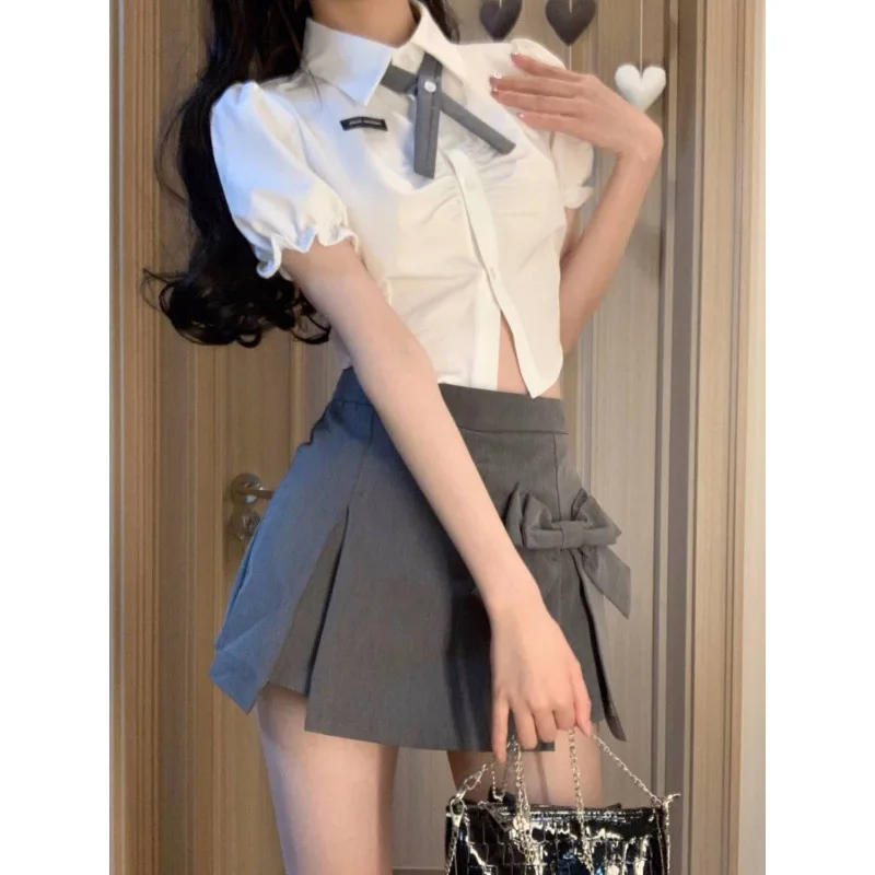 Pure Desire Style Short Bubble Sleeve Shirt Set Women's Summer High Waist Bow Wrapped Hip Half Skirt Hot Girl Short Sleeve Top