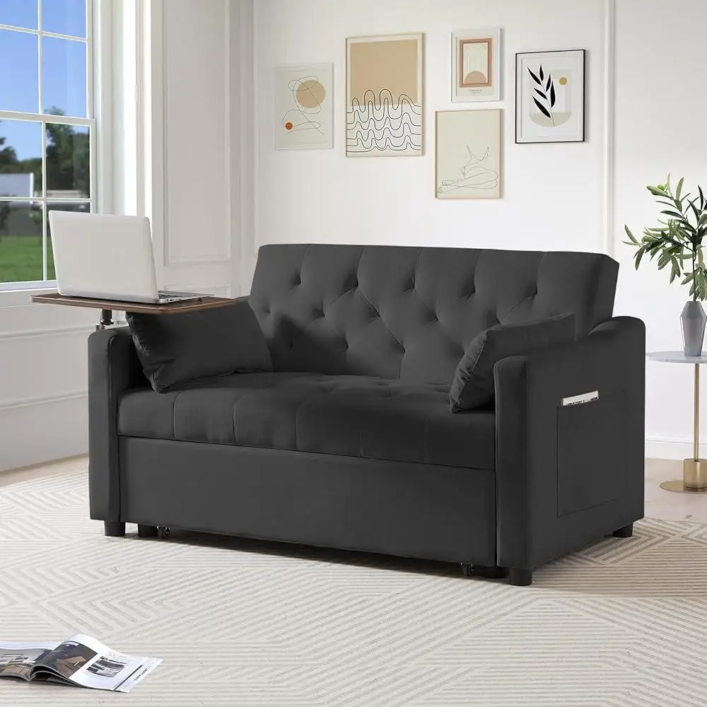 3 in 1 Convertible Sofa Bed Adjustable Backrest Loveseat Sleeper Small Pull Out Couch Rotating Side Table Compact Living Room