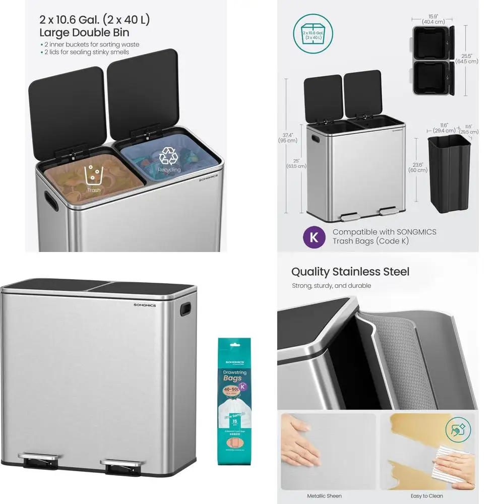 

Dual 10.6 Gallon Kitchen Trash Cans with 2 Compartments, Airtight Lids, Plastic Liners, and 15 Bags - Silver & Black ULTB730E80
