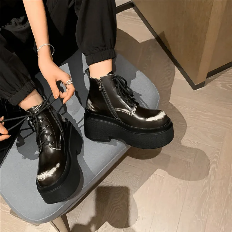 Morazora botas de couro genuíno com plataforma para mulheres saltos grossos ankle boots com banda estreita para o inverno novo 2022