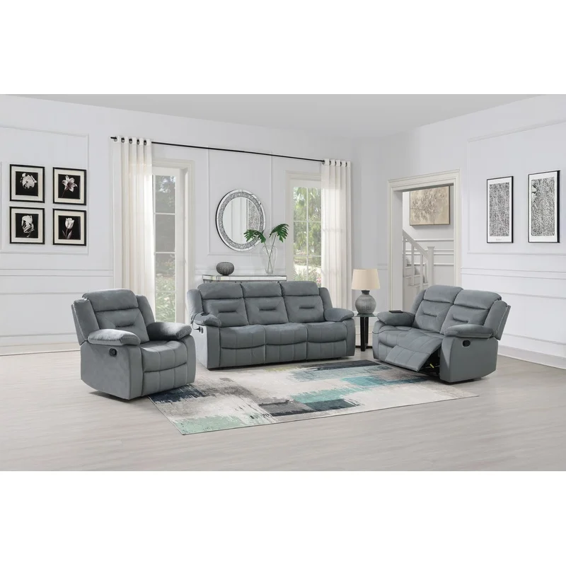 

Modern 3-Piece Living Room Set: Sofa, Loveseat, Recliner with Pillow Armrest, Supportive Headrest, Vertical Tufting, Dark Gray Finish