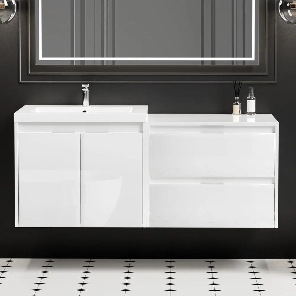 

48 Wall-Mounted Floating Vanity with Storage, Resin Sink, Soft-Close Doors, Glossy White Finish