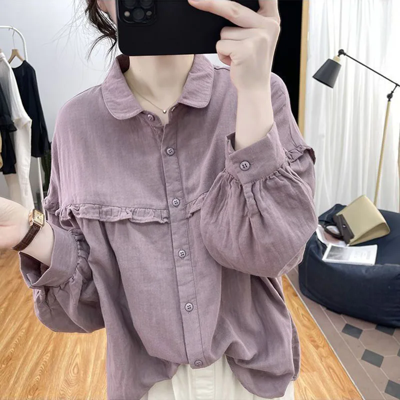 Xpabb Autumn New Vintage Long Sleeve Blouse Female Fashion Ruffles Patchwork Shirts Woman Casual Loose Wild Button Up Shirt Tops