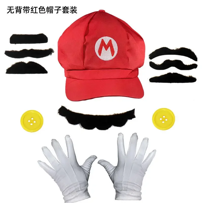 Super Mario Bros Game Character Adult Octagonal Sun Hat Baseball Hat Gloves Beard Suspender Suit Halloween Party Cosplay Props