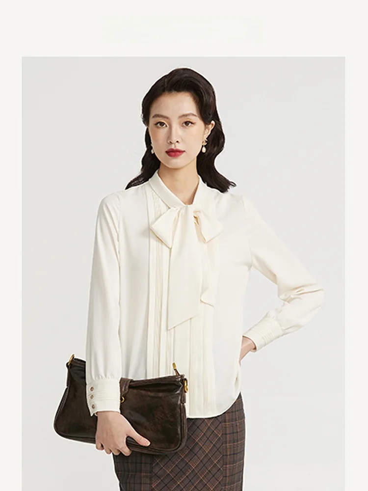 

Ретро-блузка для женщин с бантом, V-образным вырезом, длинными рукавами, из полиэфирного волокна, прямого кроя, простая, элегантная, с юбкой-клеш.