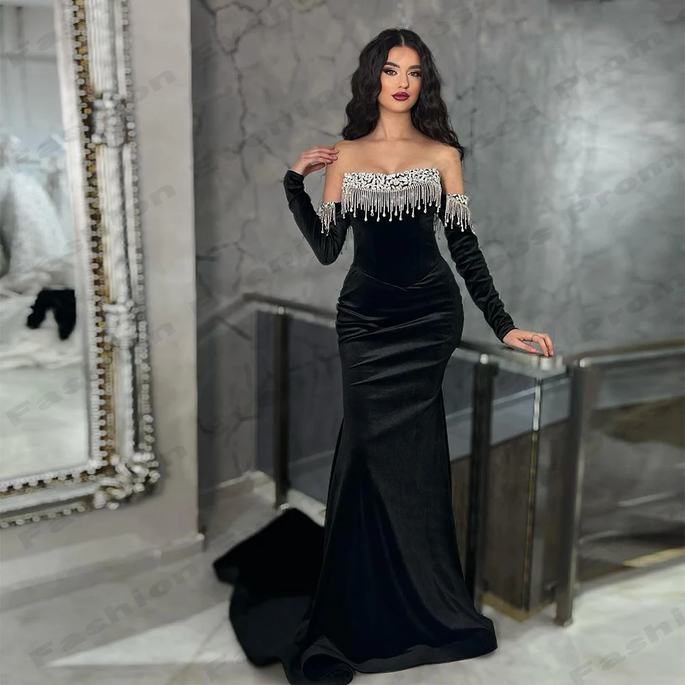 

Beautiful Exquisite Beading Party Evening Dresses For Women Simple Fascinating Sexy Off Shoulder Long Sleeves Prom Gowns 2024