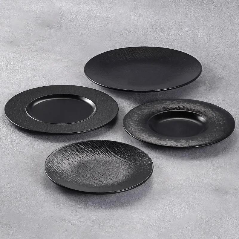 1 Pc Melamine Plate Japanese Plastic Black Disc Fire Western Style Beef Flat Plate Commercial