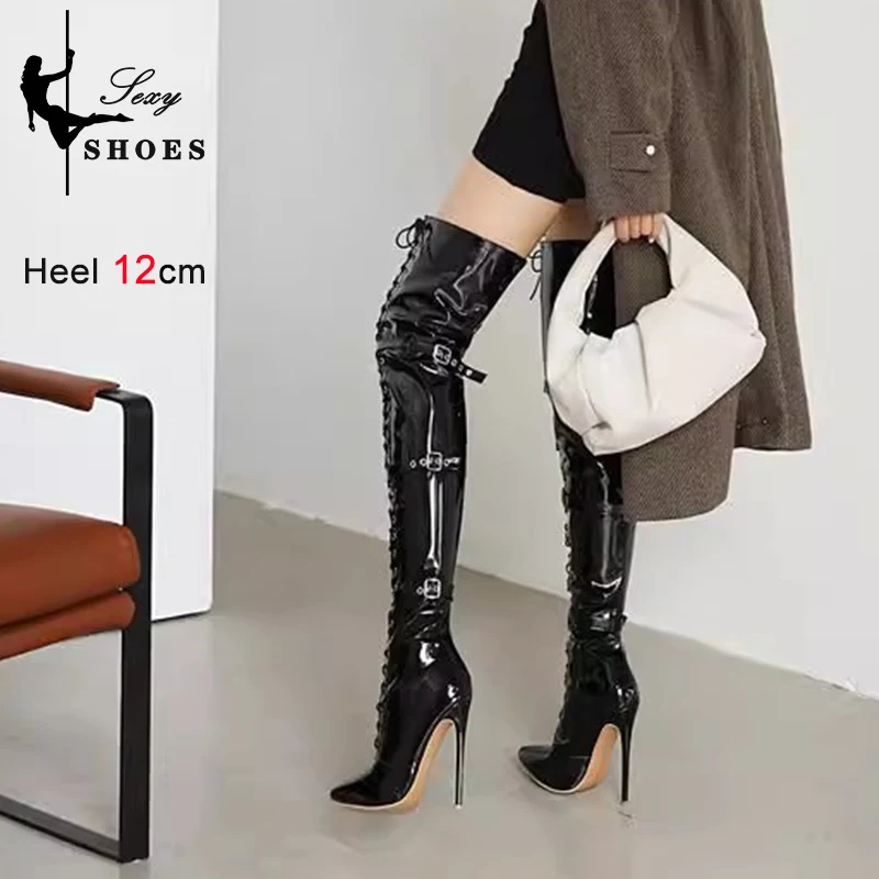2023 Belt Buckle Over-the-Knee Thigh High Women\'s Boots Pointed Toe Autumn Winter Long Boots Flock Thin High Heels Woman Shoes