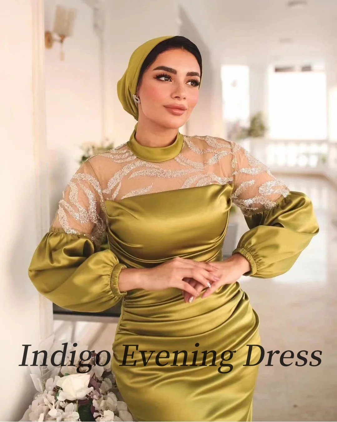 Indigo Muslim Evening Dresses O Neck Full Sleeve Mermaid Women Simple Elegant Formal Occasion Dress Robes De Soirée Customized