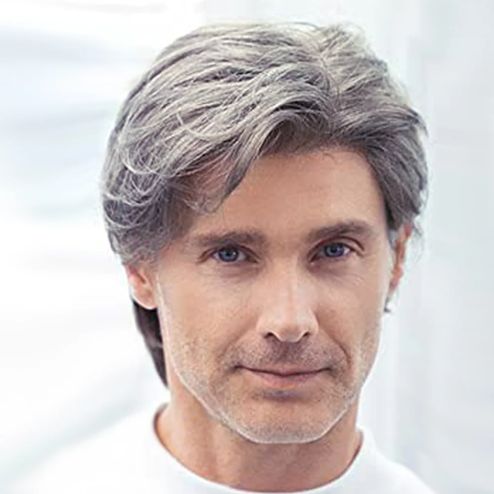 

10 Inch Short Curly Synthetic Silver Gray Wig For Man Hair Heat Resistant Wigs With Bangs For Daily Use Halloween Wedding Ball