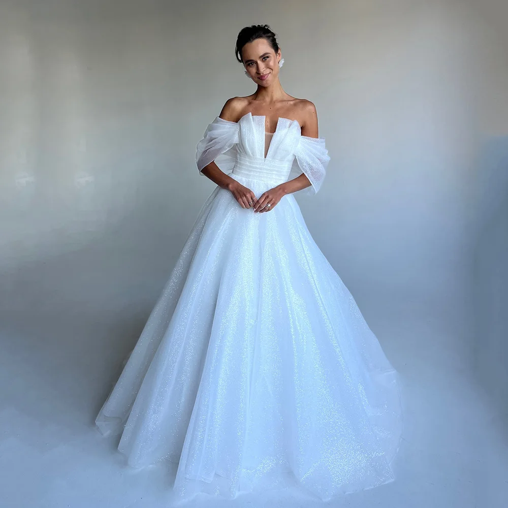 

Glitter Wedding Dresses Women 2025 Off Shoulder V Neck A-Line Bridal Gown Robes de Soirée Brides Dresses for Women Customized