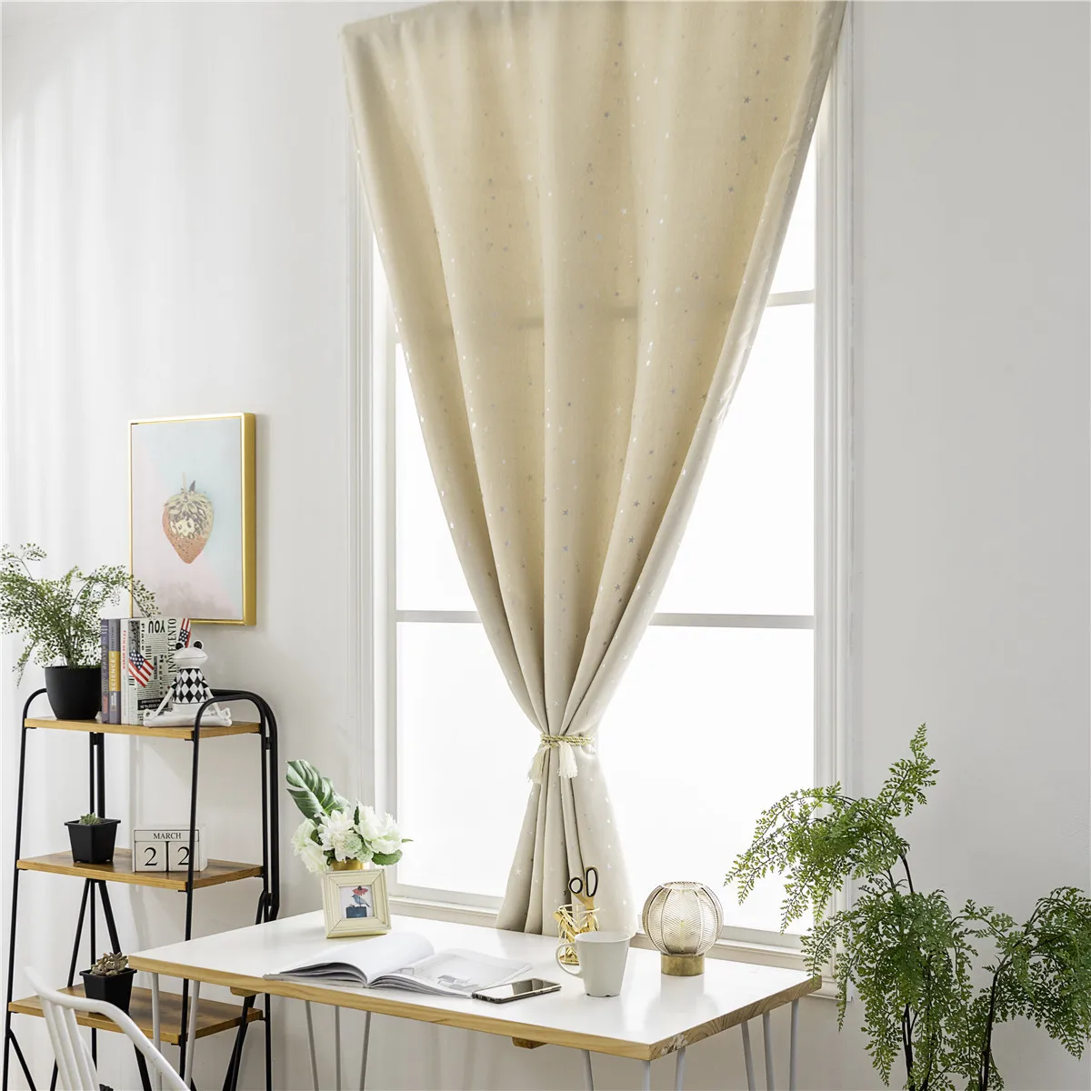 

1 pc Modern Blackout Curtain 90X150Cm Beige Thickened Polyester Silver Star Decorated Window Drape No Punch Needed Home Bedroom