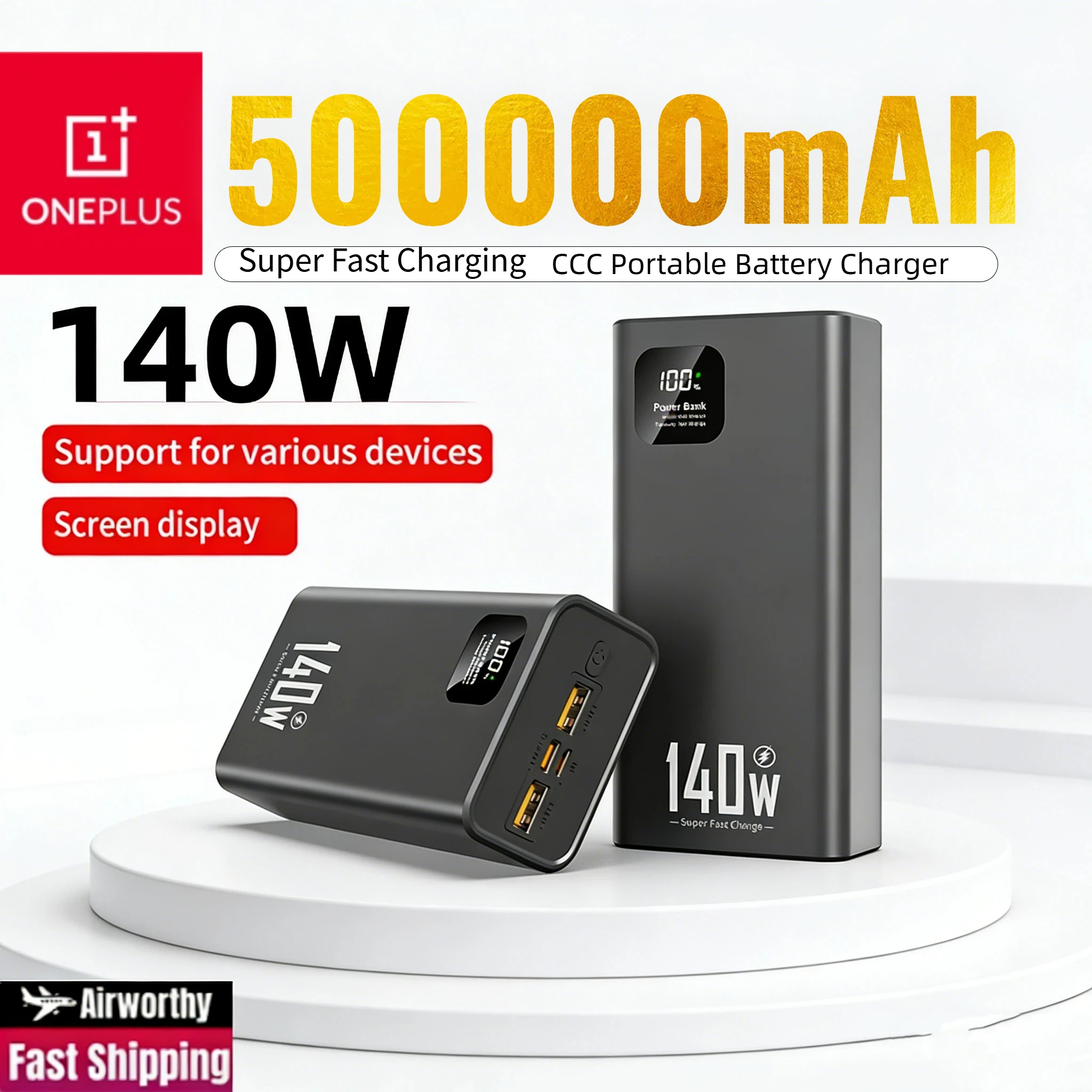 

Портативный внешний аккумулятор Oneplus Super Fast Charging Power Bank 140W 500000 мАч для iPhone, Huawei, Samsung, новинка 2026 года