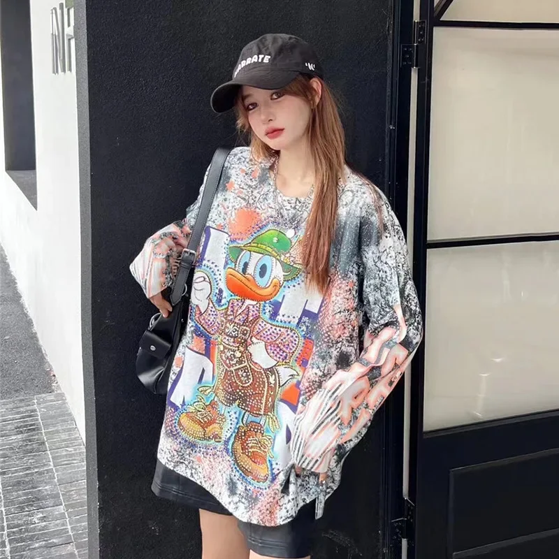 Fashion Cartoon Printed Knitted Tops Autumn and Winter New Hot Diamond Loose Round Neck Pullover Long Sleeve Sweaters Women