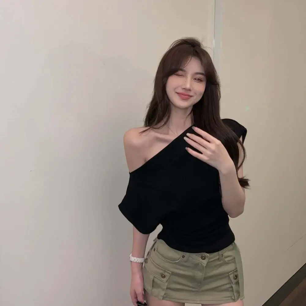 

Elegant Pullover Short Sleeve T-shirt Loose Chic Off Shoulder T Shirts Streetwear Korean Style Women's Tees Shirts Summer
