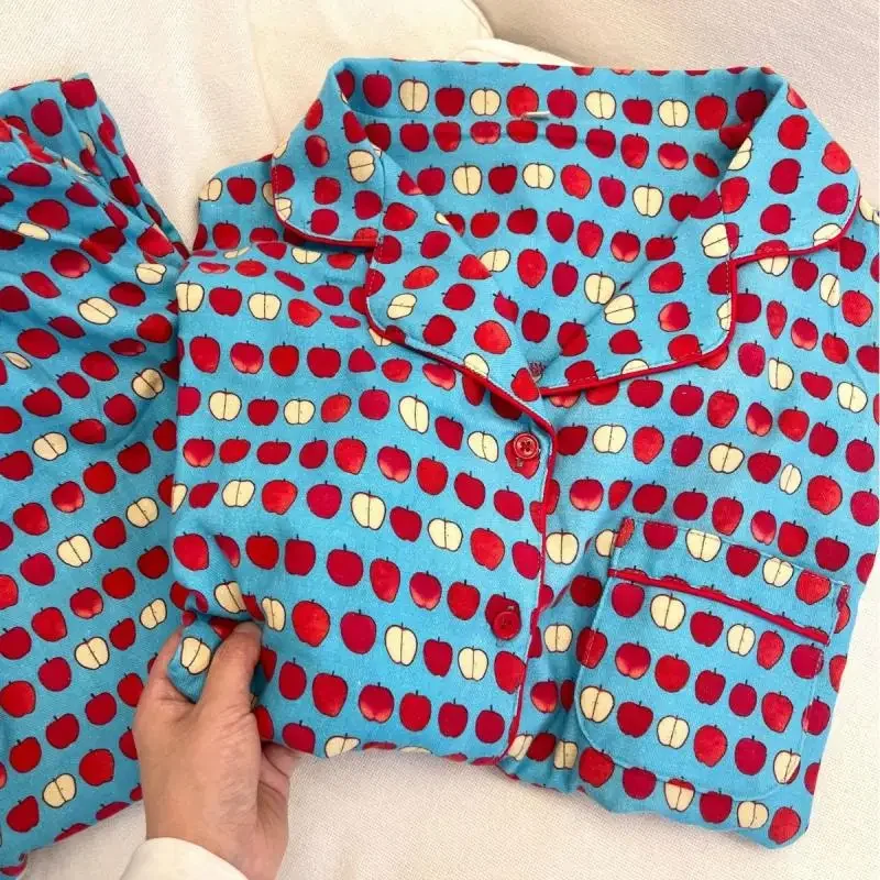 

Women Blue Apple Print Sleepwear Long Sleeve Homewear Lady Autumn and Spring Nightwear 100% Cotton Pajamas Set 2Pcs Loungewear