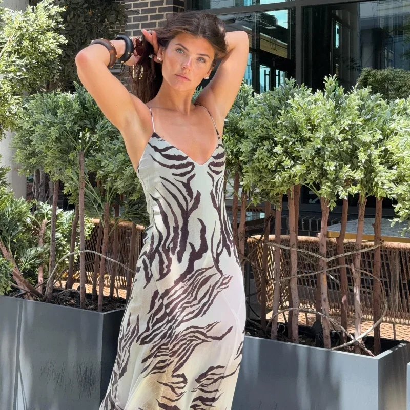 Sexy Trendy Women\'s Long Dress V-neck Spaghetti Strap Zebra Print Slim Vacation Party Casual Skirt 2026 NEW Summer Lady Vestido
