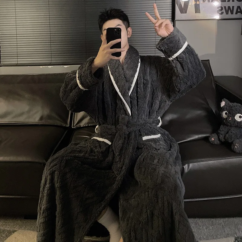 رداء شتوي سميك من الفلانيل مقاس كبير للرجال رداء كيمونو طويل رداء حمام من الصوف المرجاني ملابس نوم ملابس منزلية ملابس نوم صالة