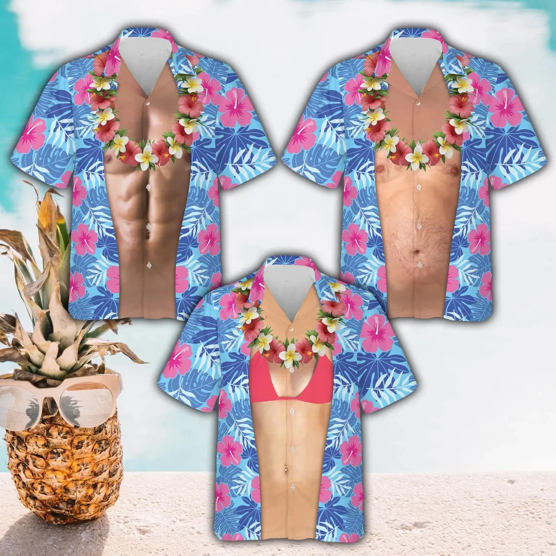 

Mens Novelty Fake Chest Hair Hawaiian Shirt Tropical Hibiscus Print Short Sleeve Casual Aloha Shirts For Vacation Party Gag Wear