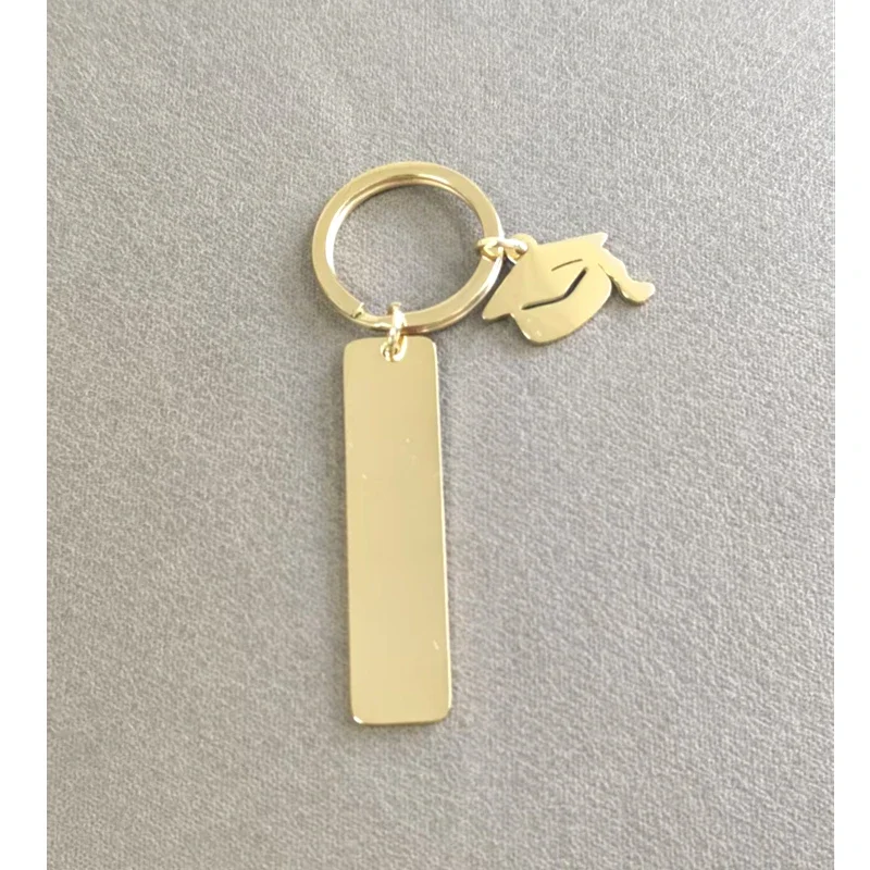 10pcs 304 Material Mirror Polish Stainless Steel Bar Strip With graduation cap Charms Keychain For Women Man
