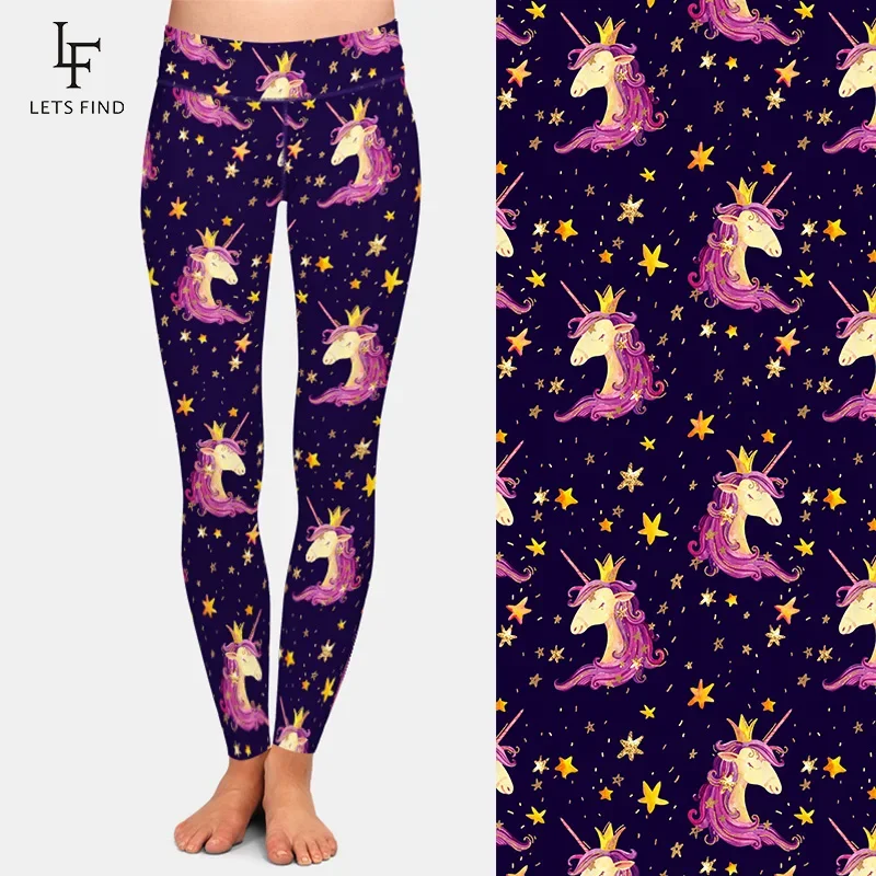 Letsfind push up leggings moda 3d unicórnios e estrelas impressão digital de cintura alta leite impressão de seda feminino leggings confortáveis