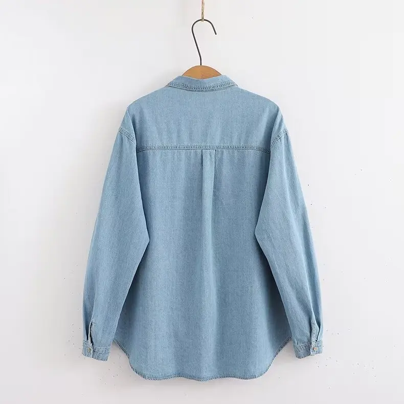 New Spring Denim Loose Casual Shirt Women Lapel Long Sleeve Embroidery Heart Top Girl Sweet Blouses 2024 Autumn T44338QM