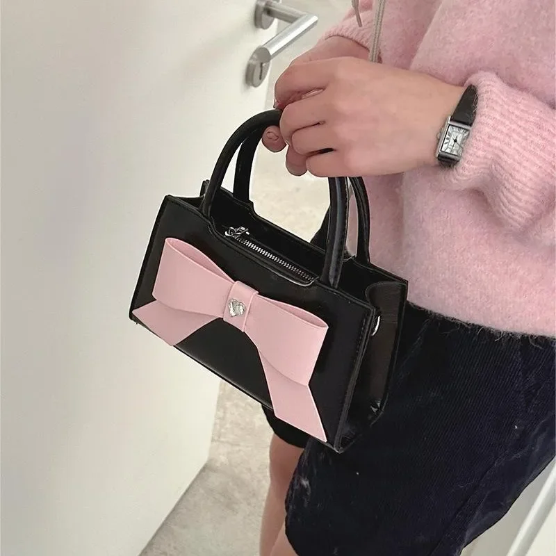 MBTI Pink Womens Handbag Cute Bow Small Pu Leather Fashion Elegant Casual Shoulder Bag Literary Advanced Female Crossbody Bag