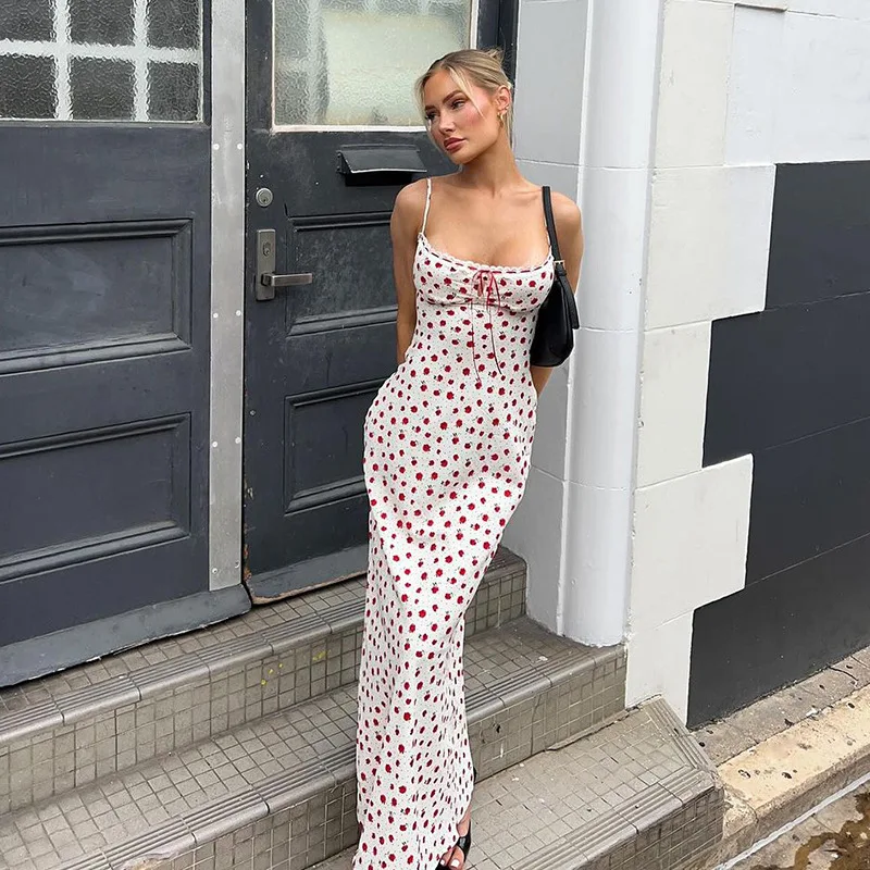 

Lace Camisole Printed Long Skirt Women's Summer Sleeveless Slim Shoulder Strap Patch Long Fashion Sexy Slim Fit 2025 Party Dress