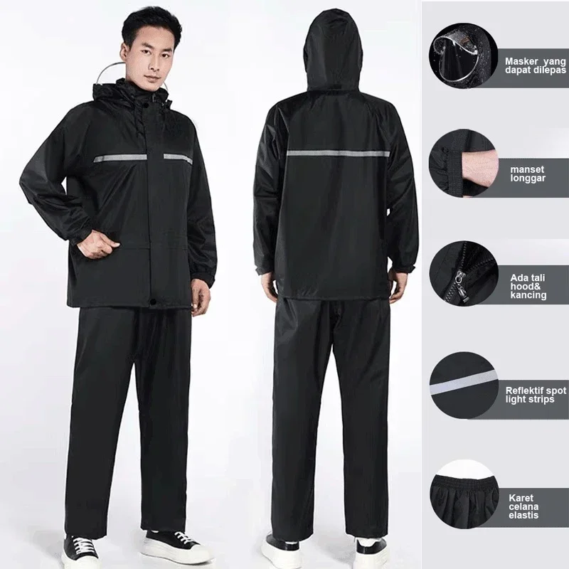1Set Hooded Coat and Pant Rain Suit for Women Men Outdoor Waterproof Rain Gear with Reflective Strip Motocycle Riding Raincoat